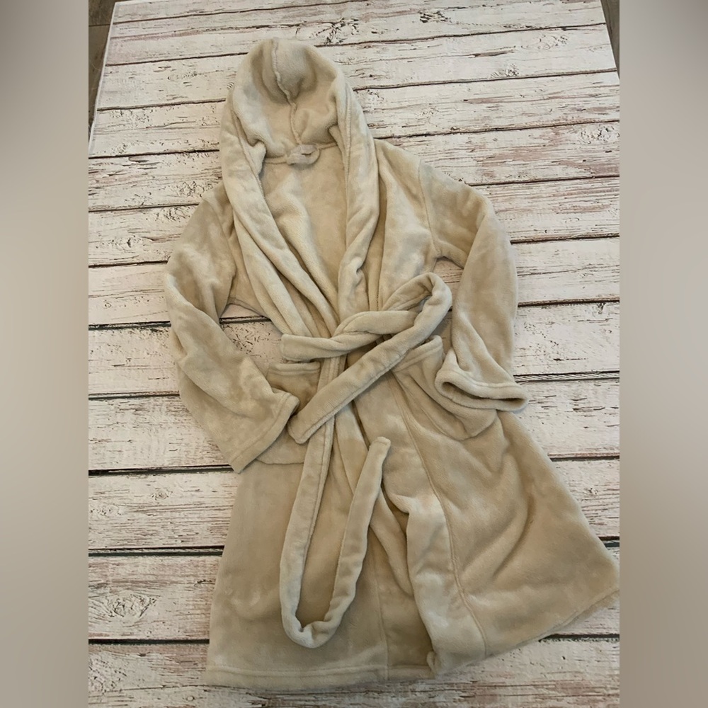 Plush Fleece Hooded Robe Cream Beige Small XS S M Cozy Soft Long Spa Bathrobe